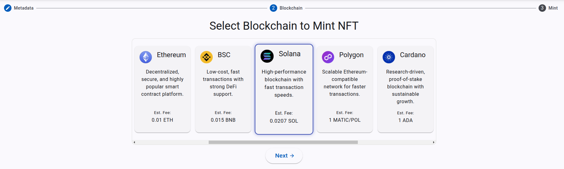 NFT blockchain selector