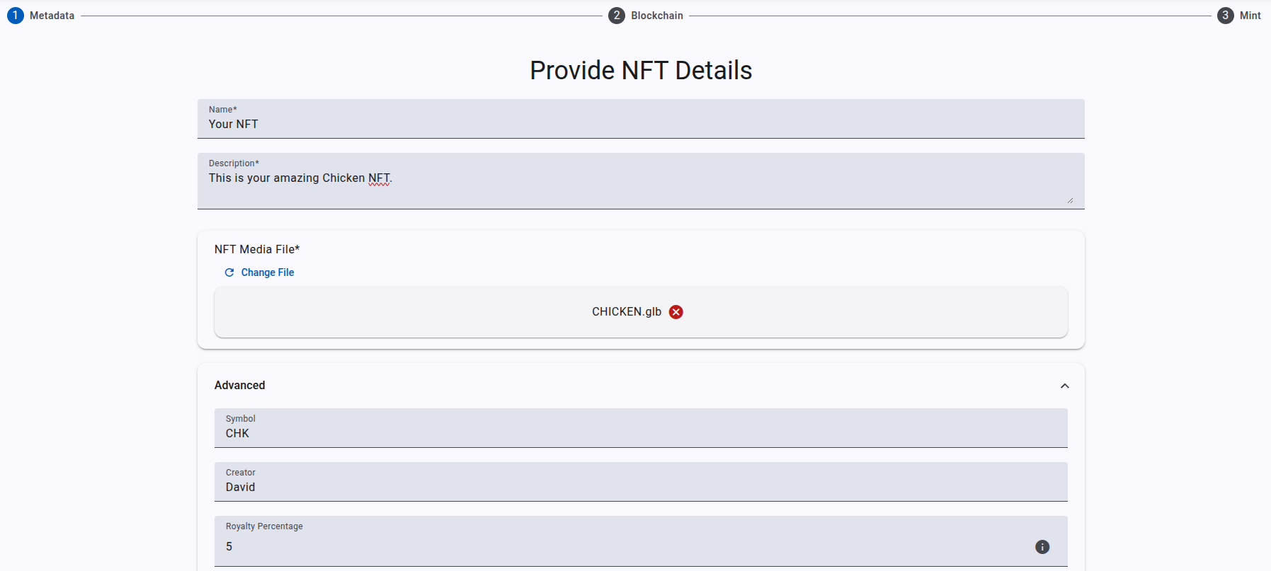 NFT metadata form, first part