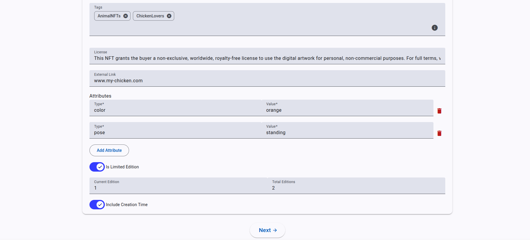 NFT metadata form, second part