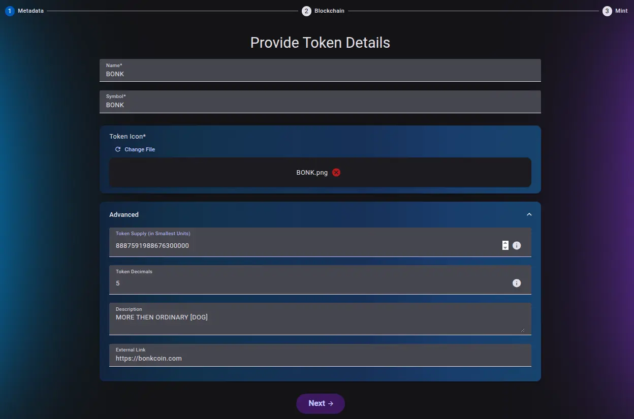 Token metadata form