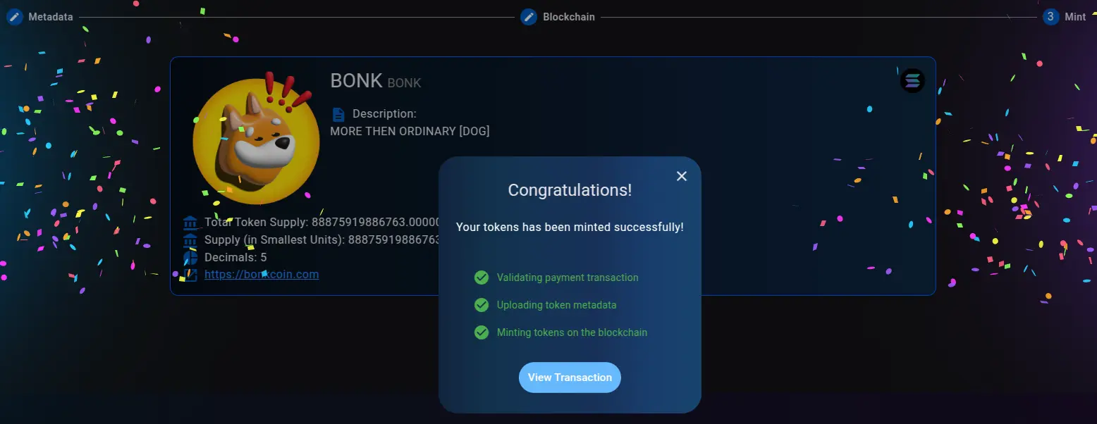 Token minted successfully
